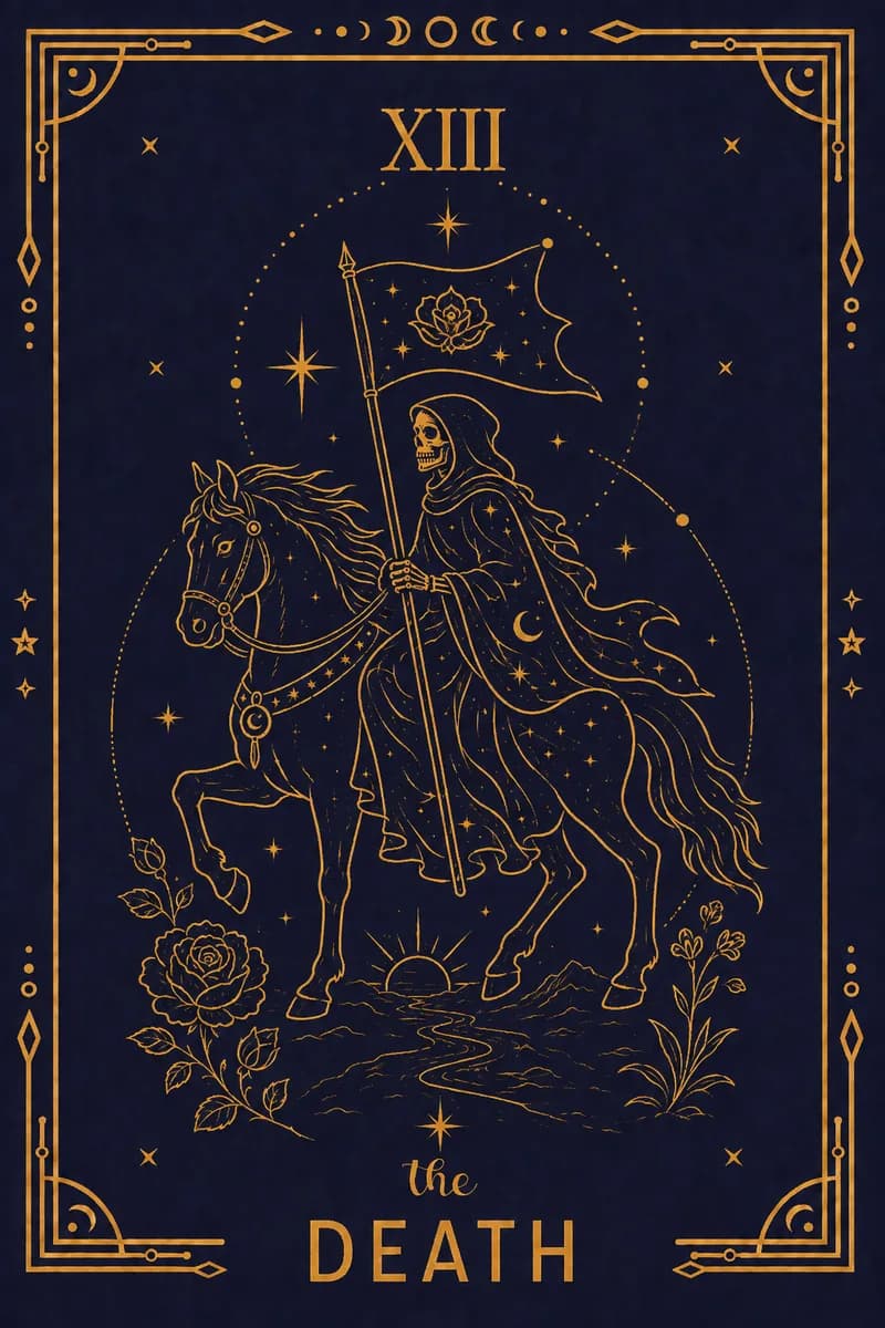 A skeleton in black armour rides a white horse, carrying a banner of the white mystic rose: the imagery of a triumphal procession, not a slaughter.