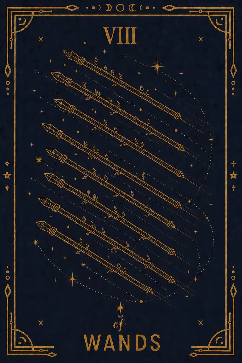 Eight staves fly through open sky over a green landscape, no people anywhere in the card.