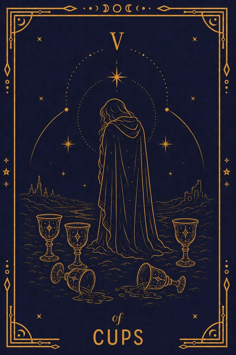 A cloaked figure looks down at three spilled cups; two upright cups stand behind him, and a bridge leads to a castle across the river.