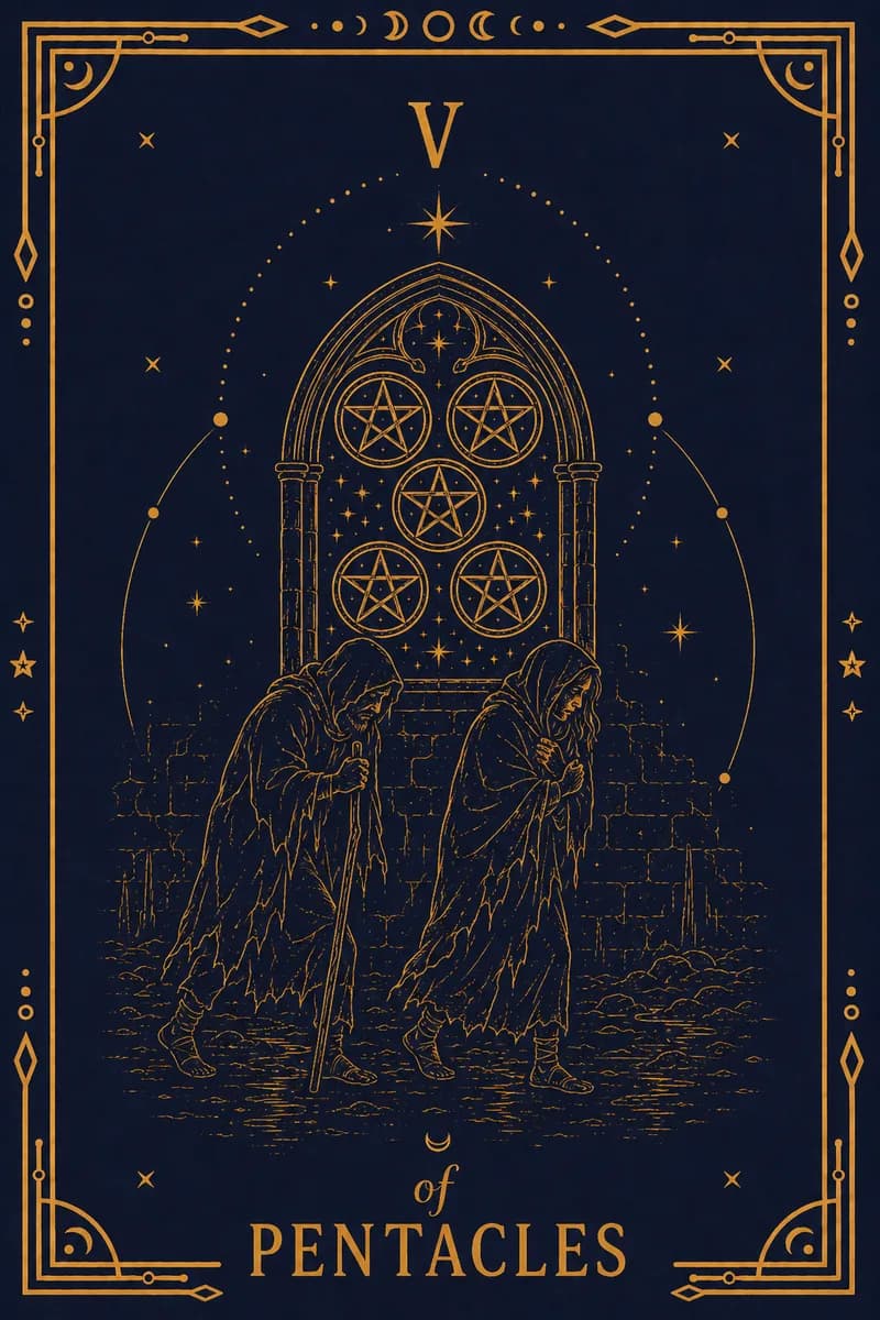 Two figures, one on crutches, trudge through snow past a stained-glass window glowing with five pentacles.