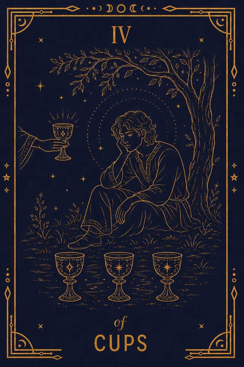 A figure sits under a tree, arms folded, contemplating three cups on the ground while a hand from cloud offers a fourth.