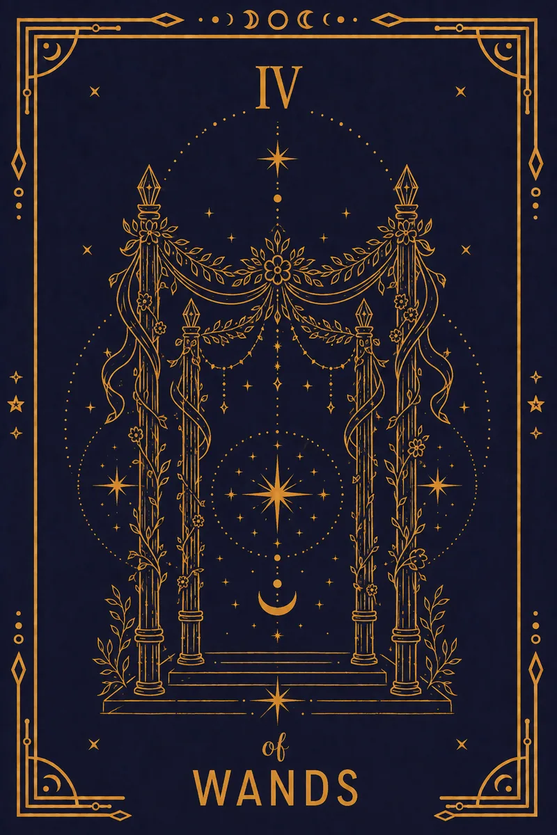 Four wands form a garland-hung canopy, a *chuppah* in most readings, with two figures raising bouquets beneath and a castle behind.
