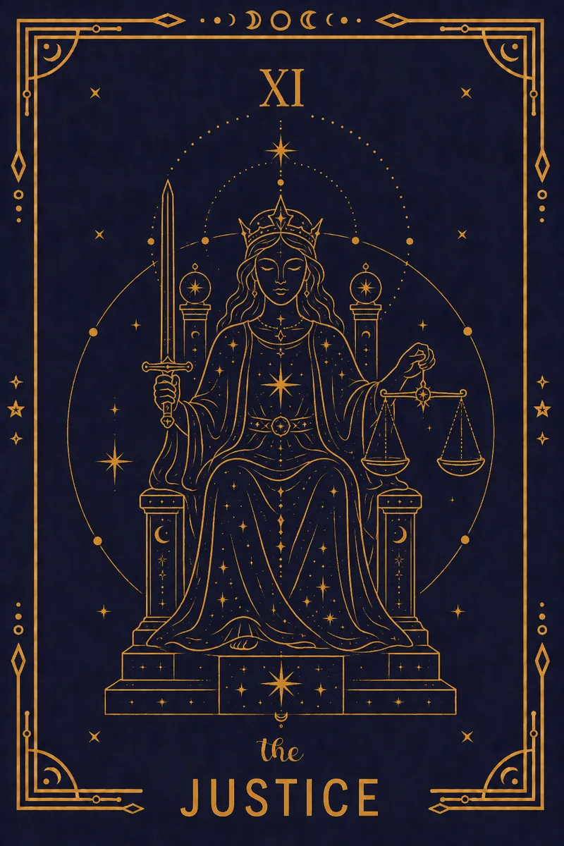 She sits between pillars holding scales in her left hand and an upraised double-edged sword in the right, weigh first, then act.