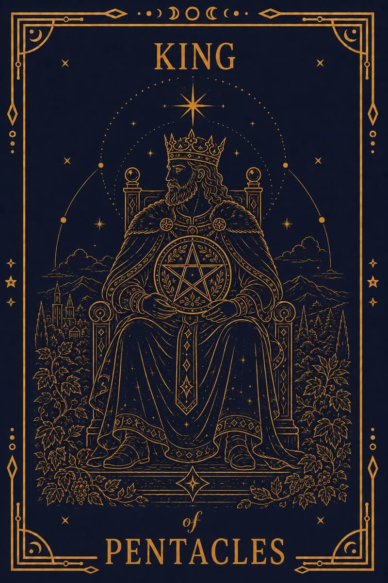 He sits on a throne carved with bulls, robed in grapevines, one hand on a pentacle and a castle behind him.