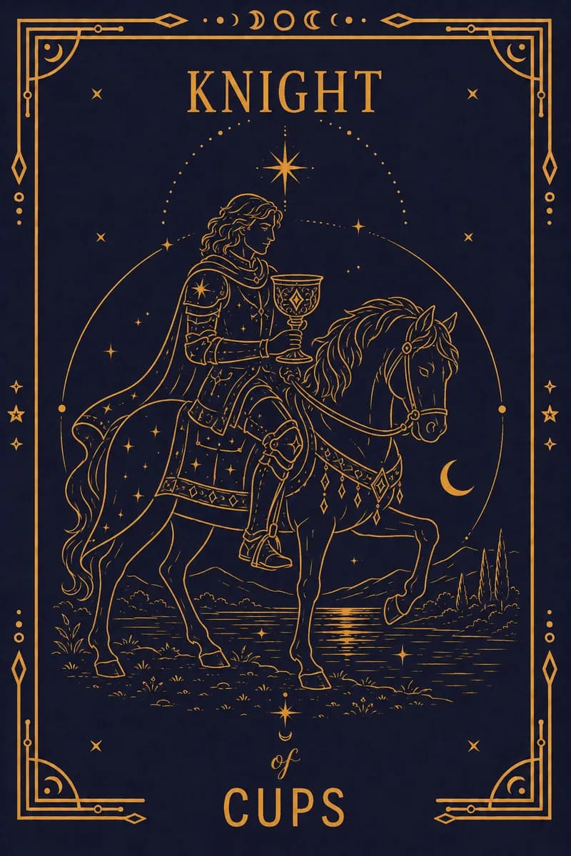 A knight rides a white horse at a measured walk, holding out a cup, winged helmet and heels for Hermes.