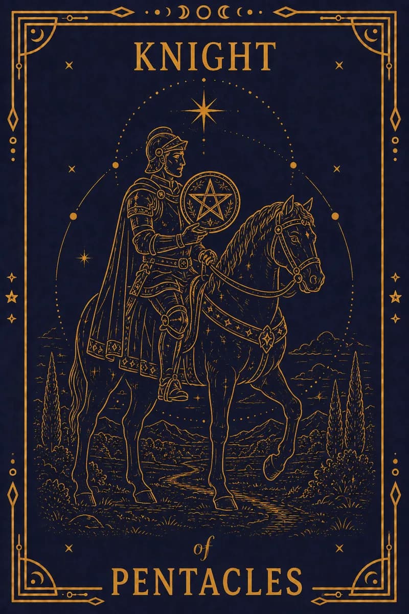 A knight in dark armour sits on a heavy black horse that is completely stationary, holding a pentacle level in front of him.