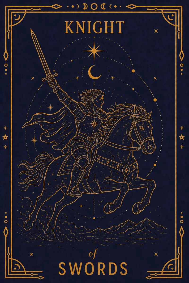 A knight charges at full gallop, sword raised, cloak and horse's mane streaming backward.