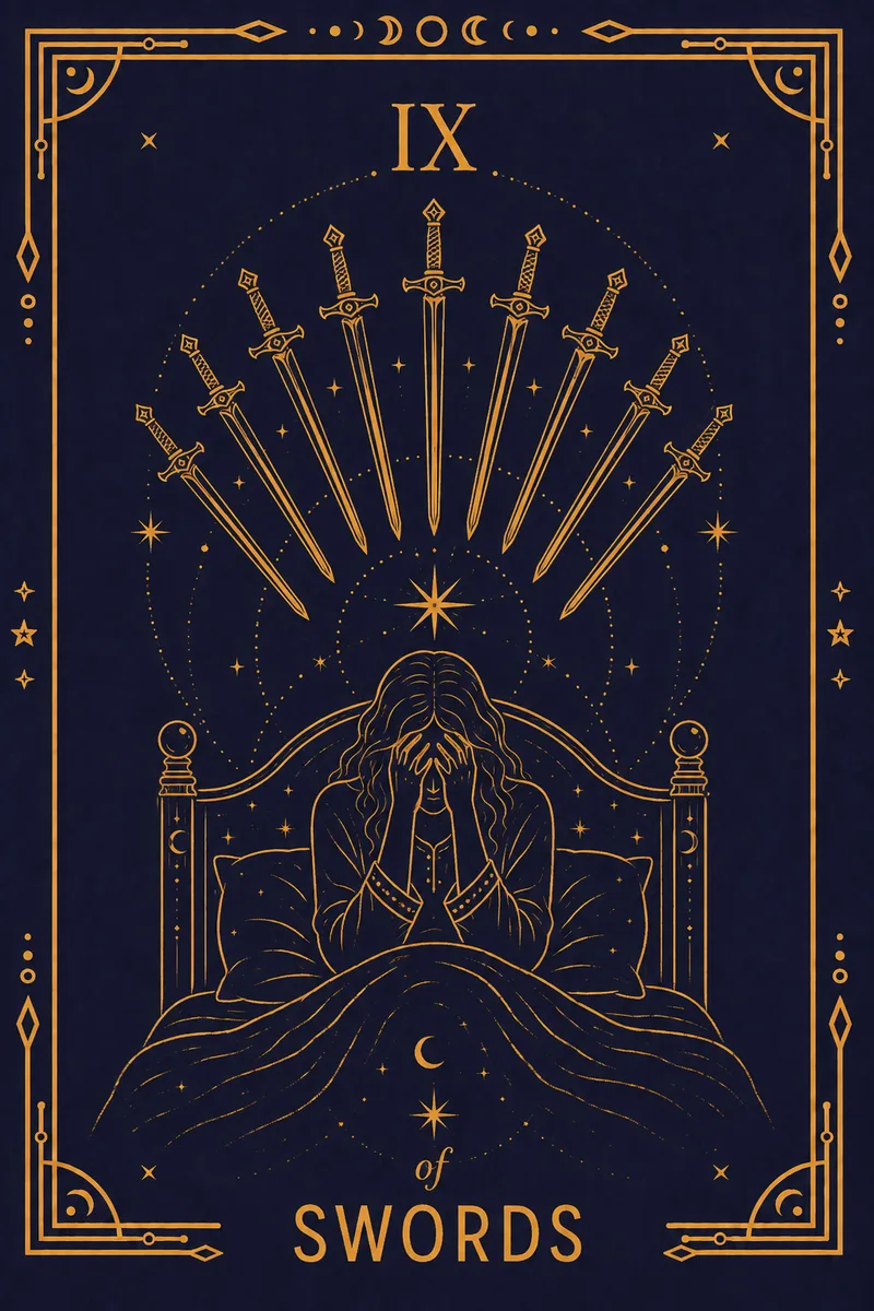A figure sits up in bed with their face in their hands, nine swords hanging on the wall behind, not touching them.
