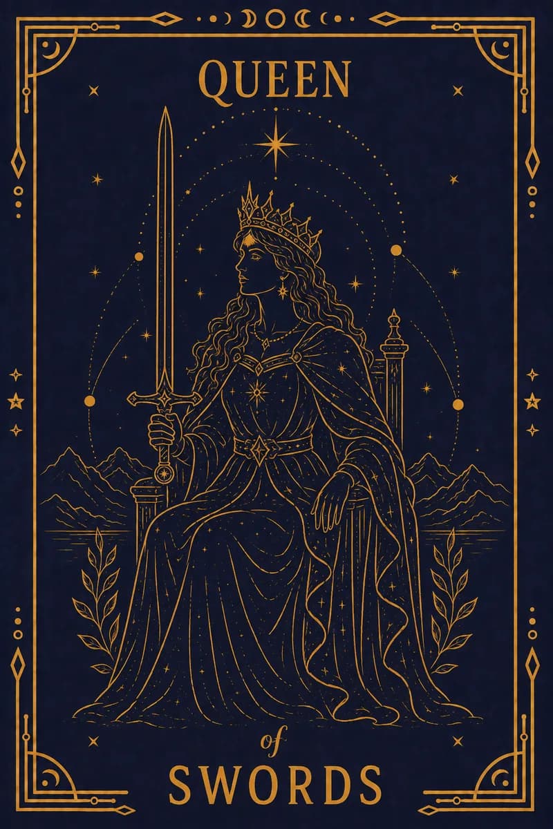 She sits facing left with sword upright in her right hand and her left extended, palm open, judgement and reception at once.