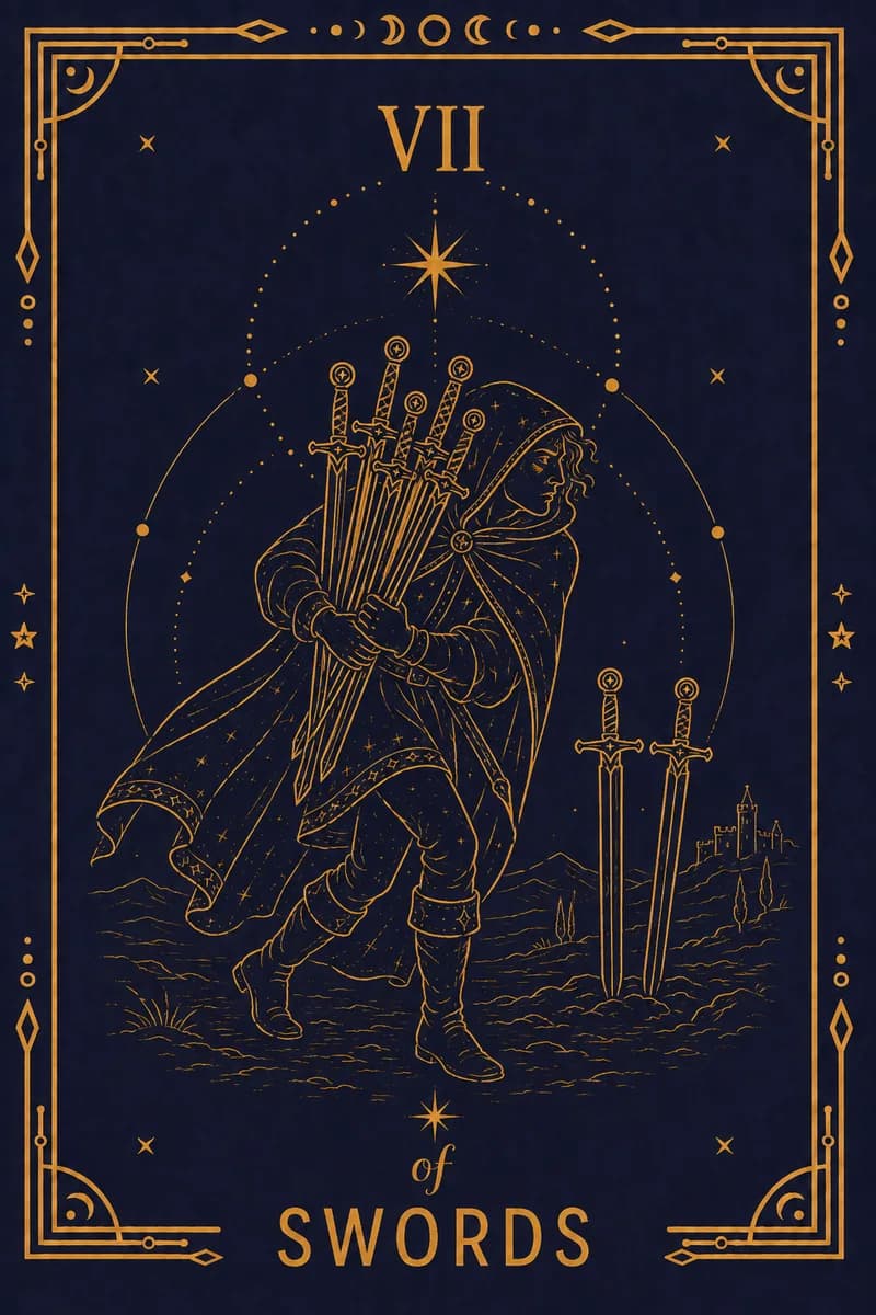 A man creeps from a camp with five swords, leaving two planted behind, looking back over his shoulder with a smile.