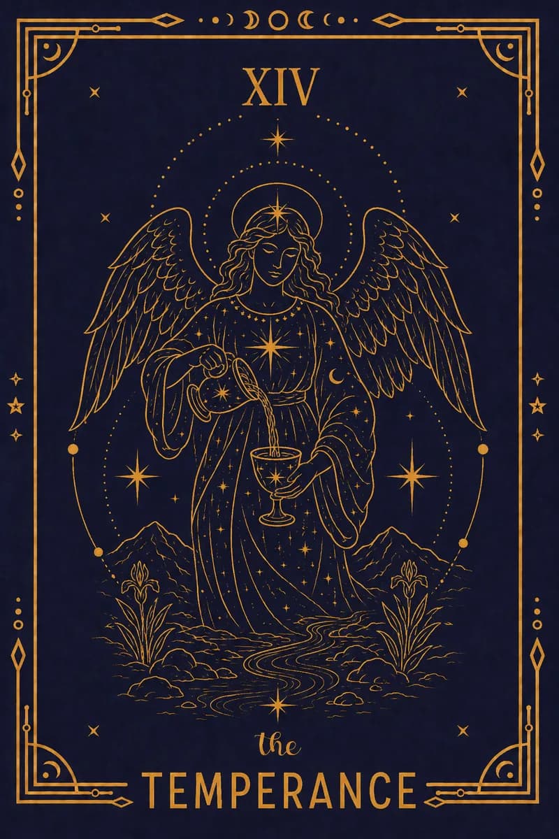 An angel pours liquid between two cups, one foot on land and one in water, grounded and fluid at once, and the stream between the cups flows at an angle no physical liquid would.