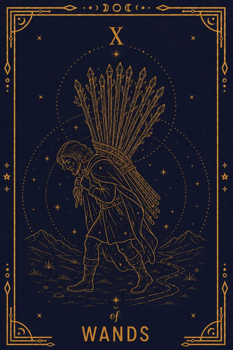A man carries ten staves in a bundle so wide he cannot see over it.