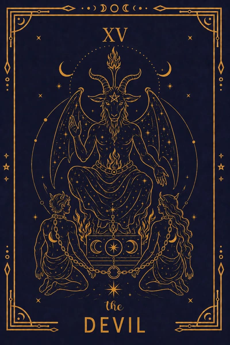 A Baphomet figure looms over a chained man and woman who have grown small horns and tails.