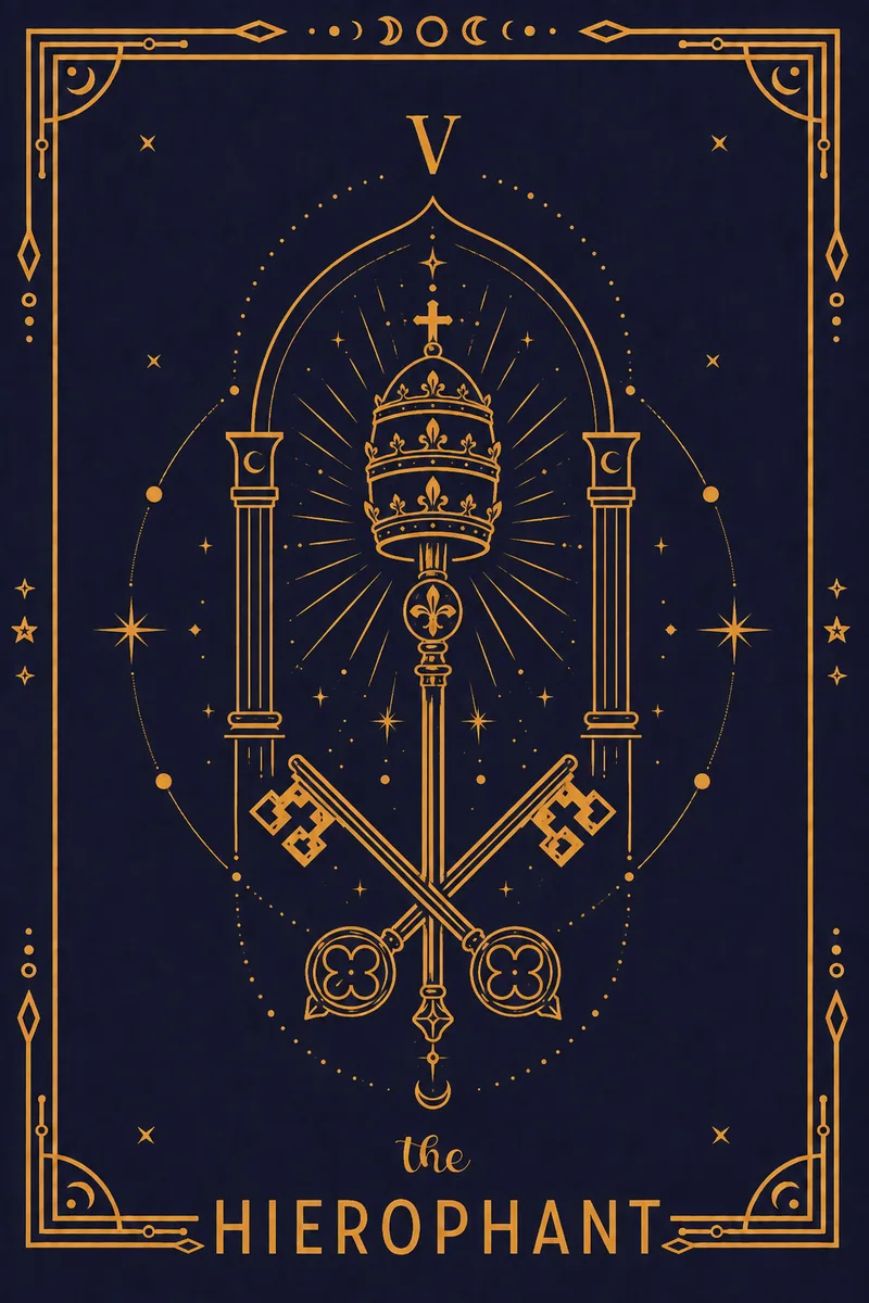 He raises a hand in blessing while two initiates kneel below.