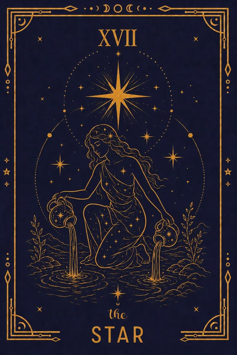 A naked woman kneels by a pool, one foot on land and one in water, pouring from two vessels: one back into the pool, one onto the earth.