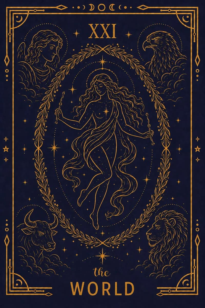 A dancing figure wrapped in a violet sash floats inside a laurel wreath, holding two wands: The Magician's single wand, now doubled and balanced.