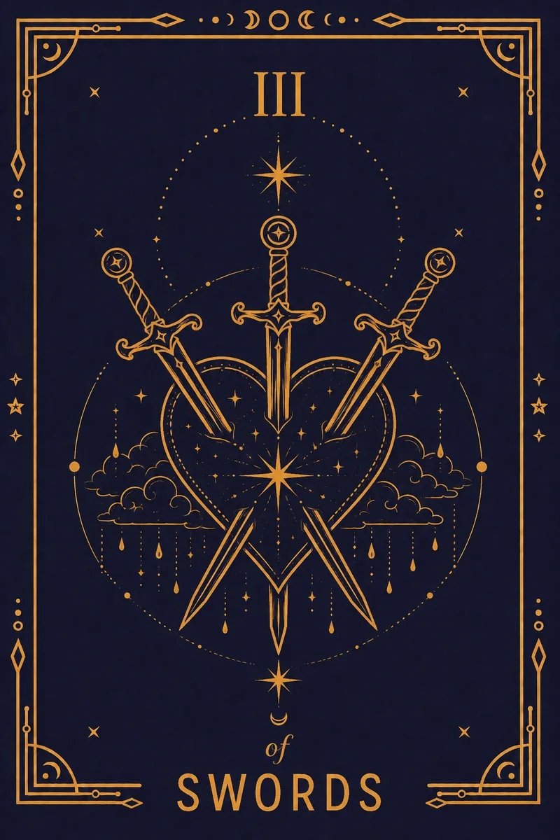 Three swords pierce a red heart against grey rain.
