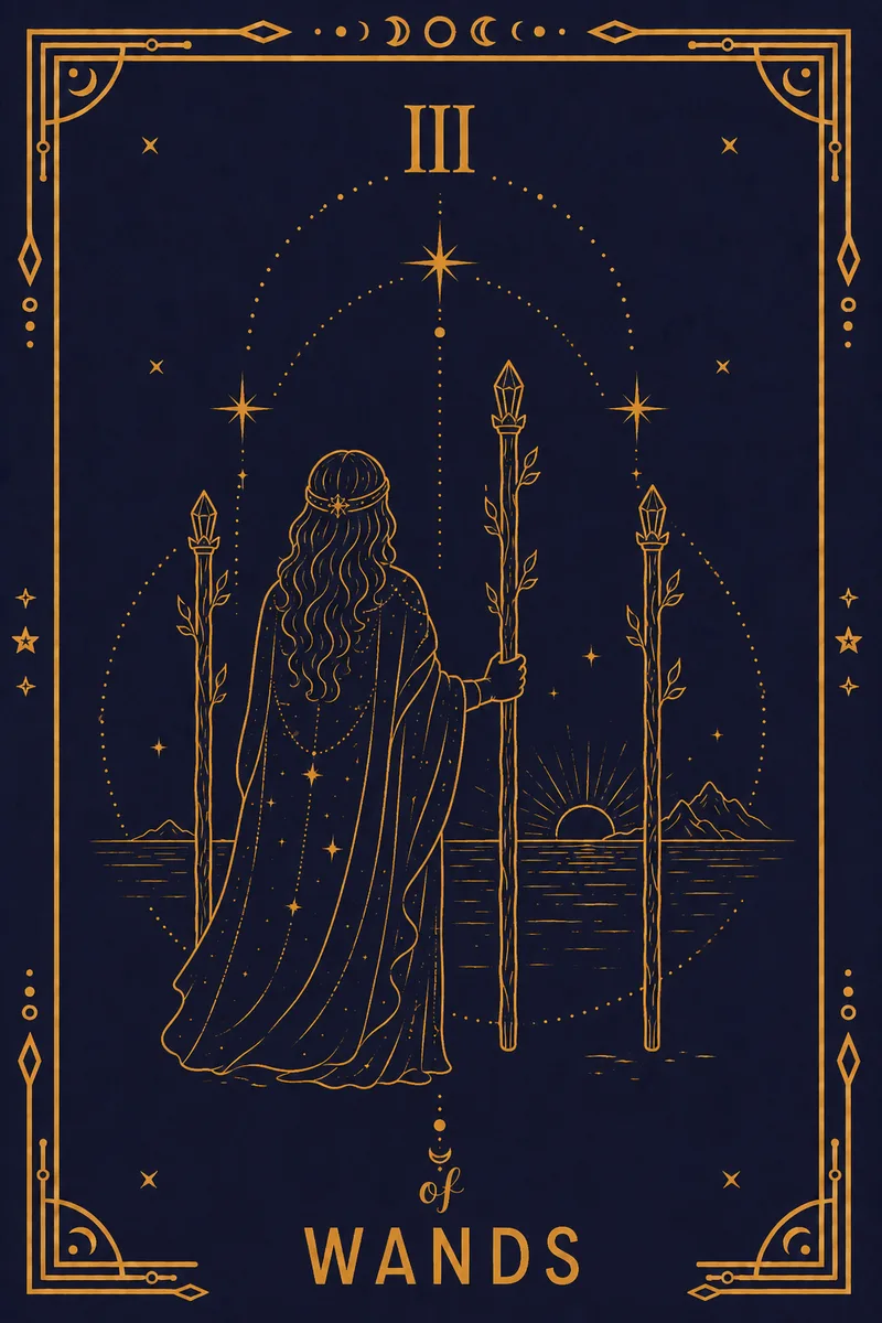 A figure stands on a headland with his back to us, three wands planted, watching ships on the water.