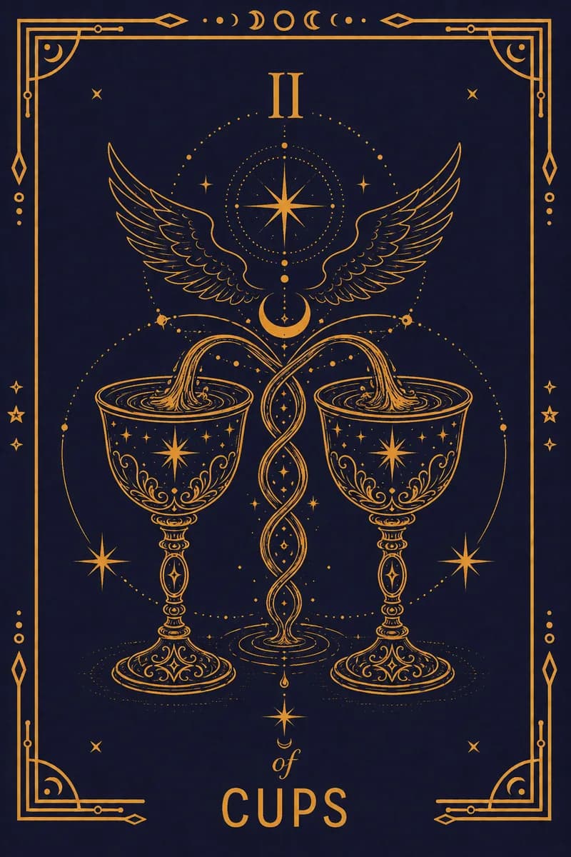 Two figures exchange cups beneath the caduceus of Hermes topped by a winged lion's head, healing and the raising of something between them.
