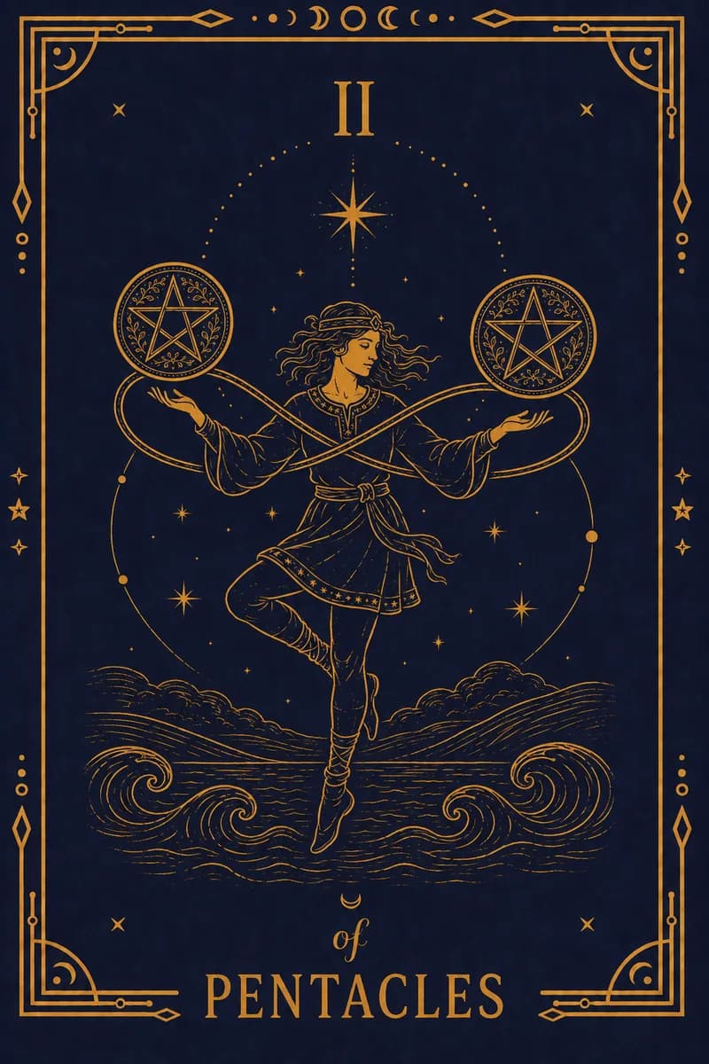 A figure dances while juggling two coins linked by a lemniscate: the infinity loop from The Magician, here as a rope keeping two things tied together.
