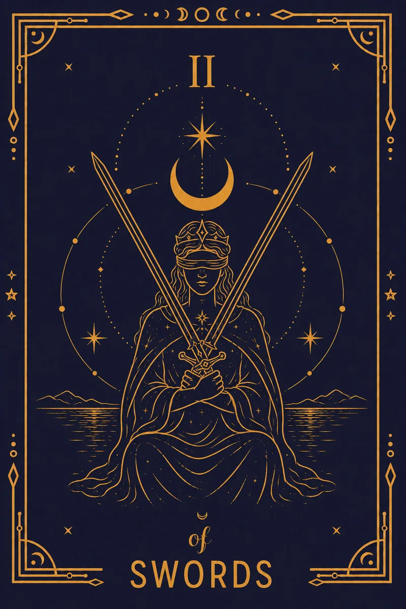 A blindfolded woman sits before still water holding two crossed swords, the crescent moon above.