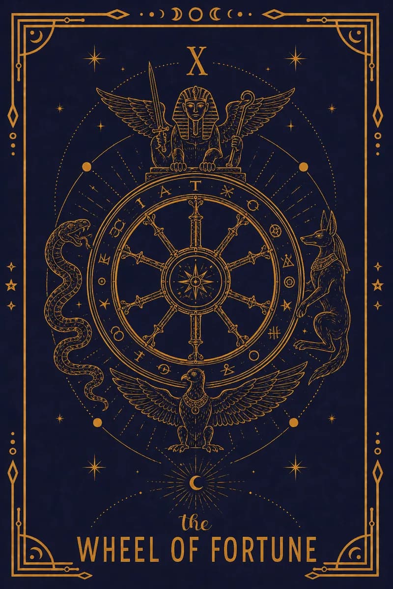 The wheel bears TARO/ROTA and the Hebrew letters of the divine name.
